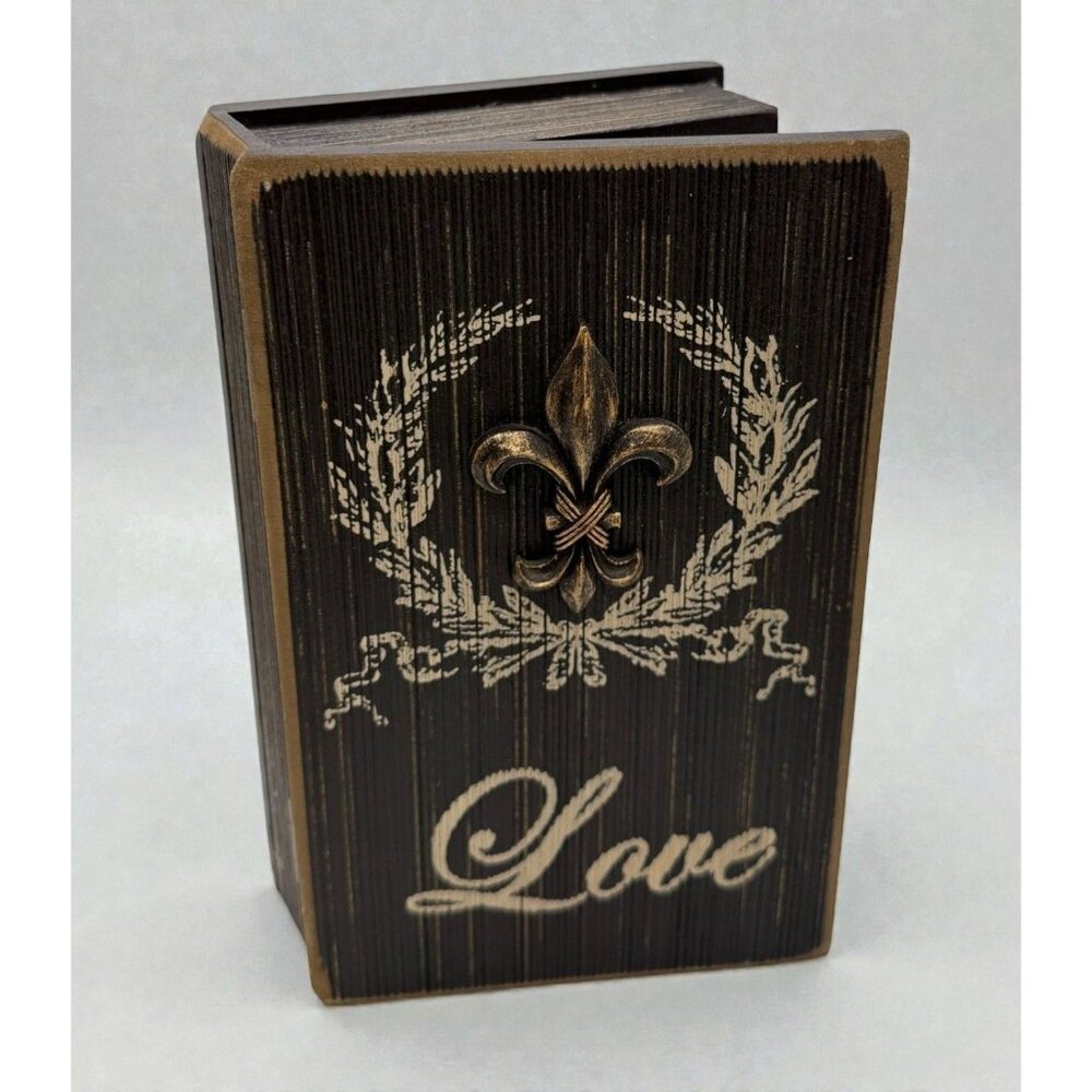 Love Keepsake Storage Box Book Fleur De Lis Embellished Vtg Inspired Distressed
